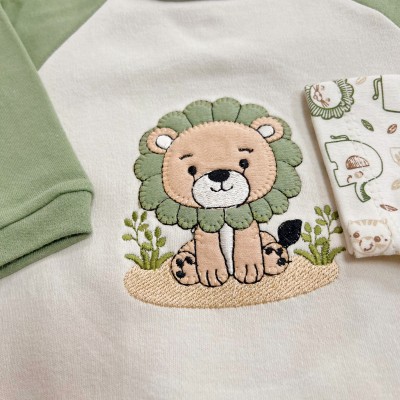 Conj. de Malha 3 peças - Leãozinho com Jubinha e Safari - Verde e Off White